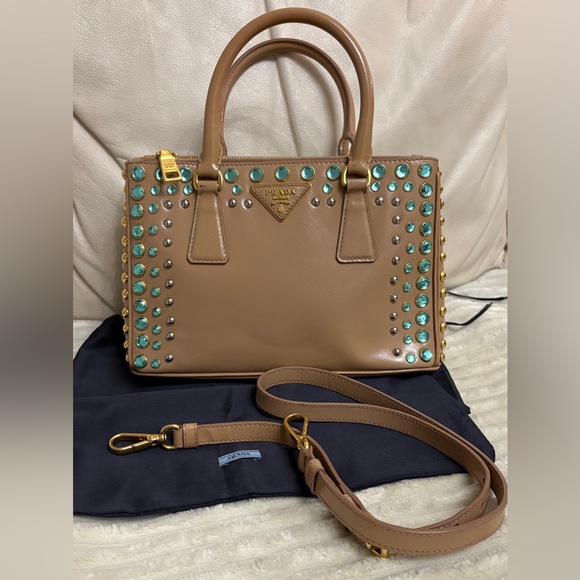 Prada Beige Saffiano Satchel with Turquoise Crystal Studs - Picture 7 of 16